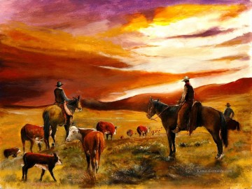 Indianer und Cowboy Werke - Almabtrieb Open Range Sonnenuntergang des Cowboy